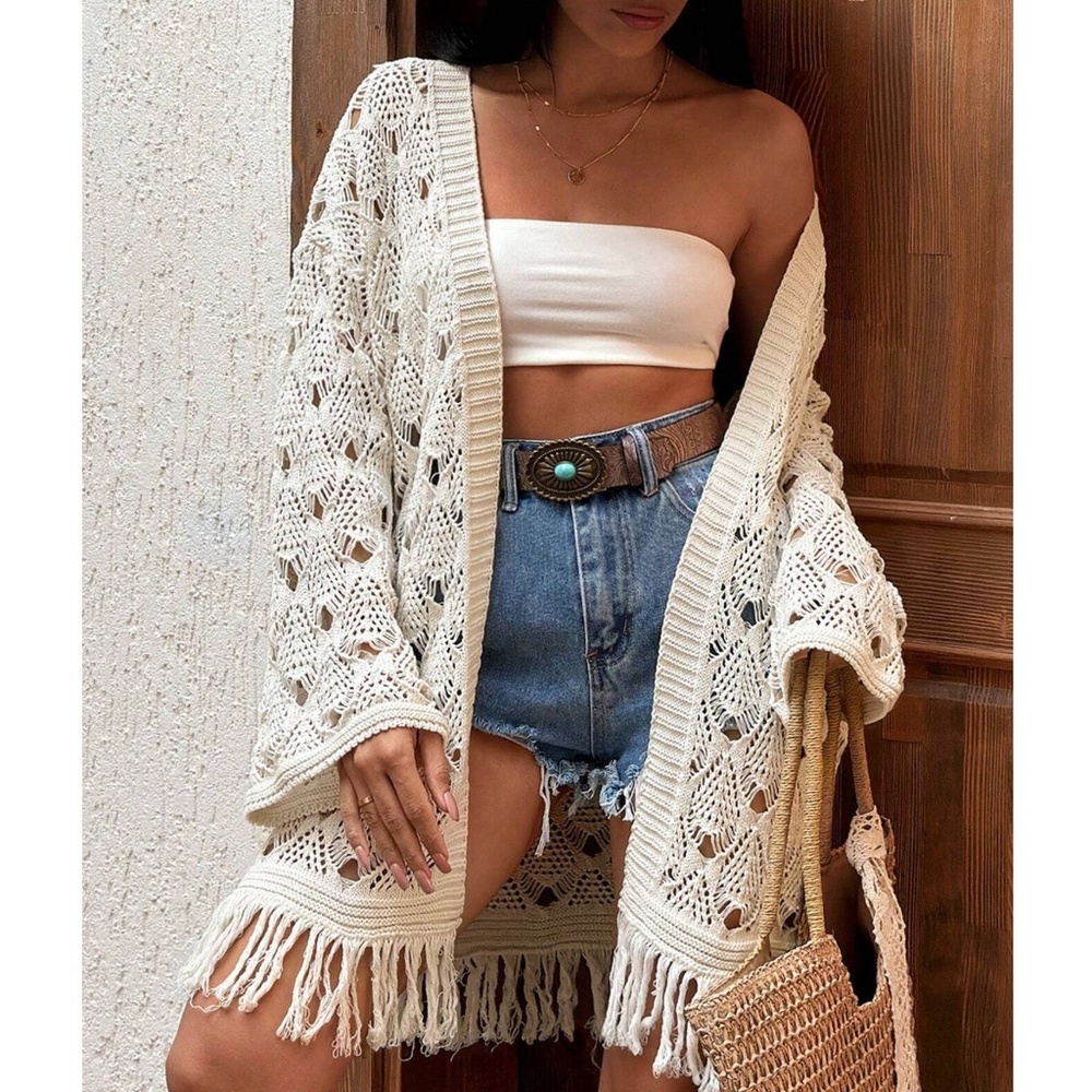 Cozy Cream Open Front Loose Fit Tassel Shredded Cardigan